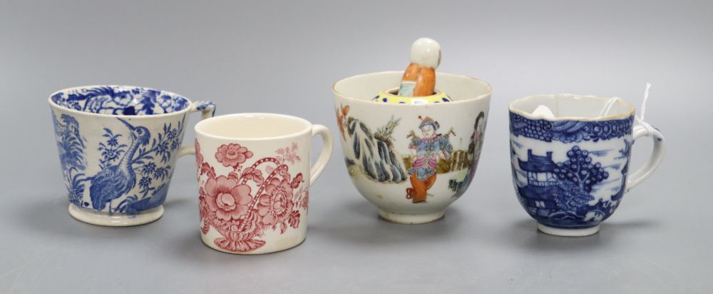A Chinese blue and white tea cup, a novelty tea bowl and two other teacups